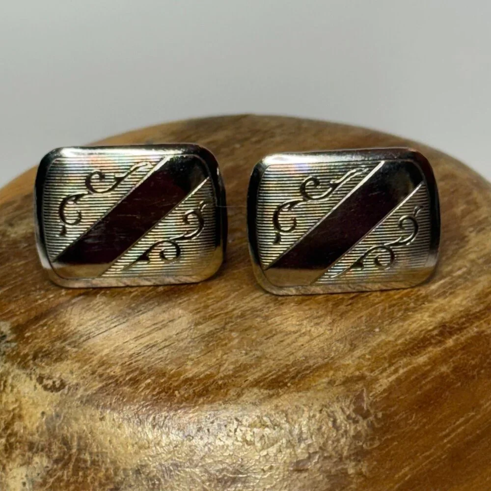 Vintage Silver-Tone Etched Cuff Links Rectangular Swirl